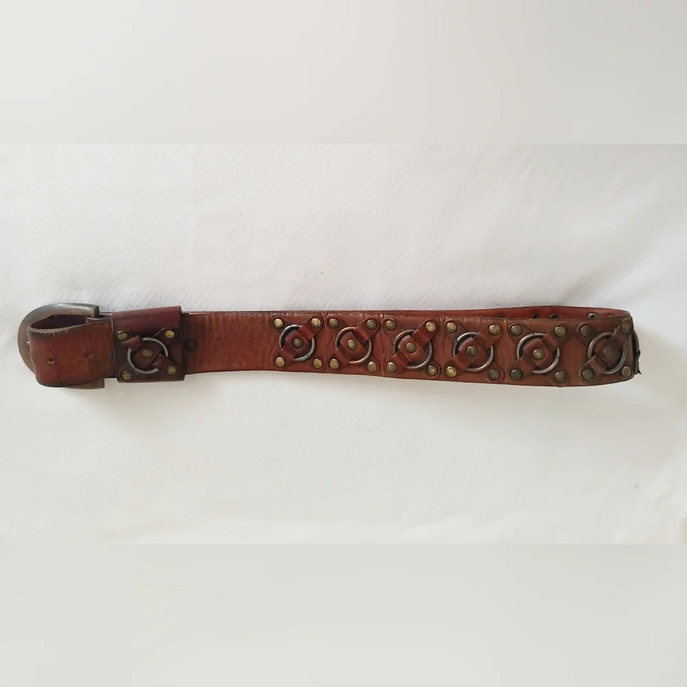 Brown Steerhide Leather Vintage Belt with Metal Accents Brass Buckle
